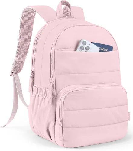 Vista 8 de Mochila de viaje Uselike para mujeres, mochila para portátil de 15.6 pulgadas, mochila universitaria acolchada, mochilas de trabajo bonitas, Beige