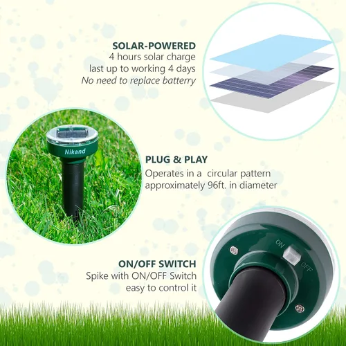 Vista 3 de Repelente de gotas ultrasónico alimentado por energía solar - Estacas repelentes de topos al aire libre seguras para mascotas - Repelente