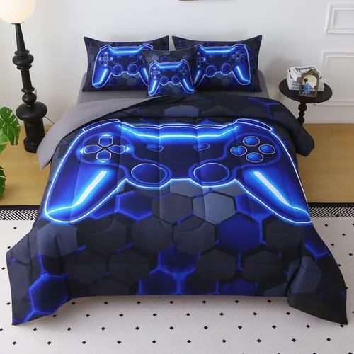 Vista 14 de JQinHome - Juego de edredón Gamer individual para niños y niñas, juego de cama en una bolsa de 6 piezas con diseño de videojuego 3D - Juego de ropa