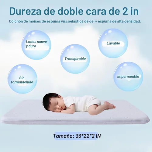 Vista 5 de Colchón de moisés para bebé, 24" x 20.8" x 2" colchón de espuma viscoelástica de gel de doble cara con funda suave transpirable extraíble que se