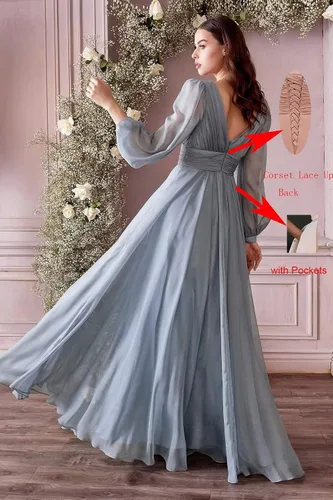 Vista 5 de Vestidos de fiesta de gasa de manga larga con cuello en V, vestido de fiesta de noche fruncido, vestido largo bohemio de boda para novia