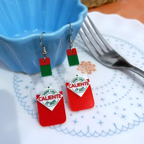 Vista 5 de Divertidos pendientes colgantes de botella de salsa picante, a algunos les gusta la salsa muy caliente rojo estilo tabasco botella pendientes