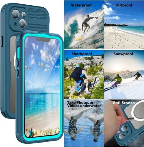 Vista 6 de Funda protectora de cuerpo completo compatible con iPhone 15 de 6.1 pulgadas, magnética, impermeable, a prueba de caídas, nieve, arañazos