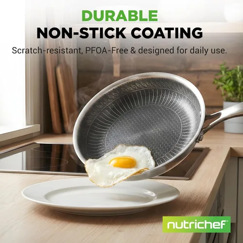 Vista 3 de NutriChef Juego de 6 sartenes de acero inoxidable de tres capas, sartenes antiadherentes de 8, 10 y 12 pulgadas con tapas, compatibles