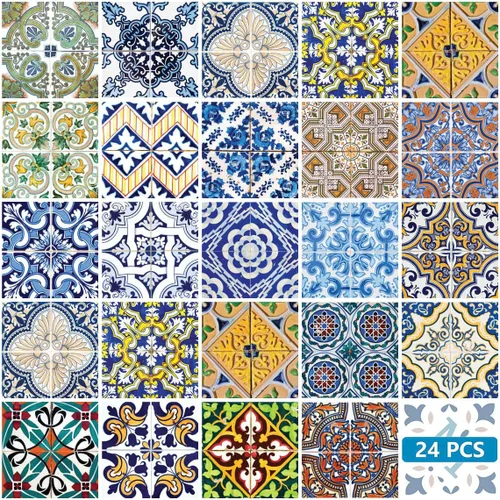 Vista 28 de Juego de 24 calcomanías para azulejos de salpicaduras en muro, azulejos tradicionales de Talavera, calcomanías para azulejos de baño y cocina