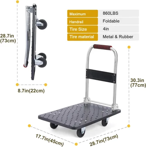 Vista 2 de Carro de mano de plataforma resistente para mudanza, plataforma plegable con ruedas giratorias de 360 grados, carrito de mano plegable para carga