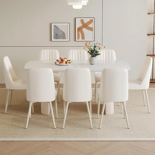 Vista 7 de Juego de mesa de comedor blanco Ebullient para 8, mesa de comedor ovalada de mármol de 67' con 8 sillas de metal, tapa de grano de mármol de 3.5
