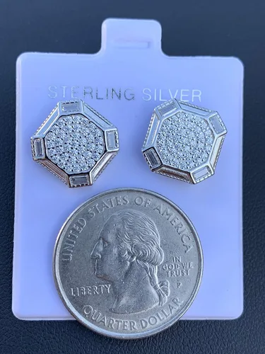 Vista 7 de Solid 925 Sterling Silver Men's Baguette Micropave Earrings - Iced Large 12" Screw Back Earrings