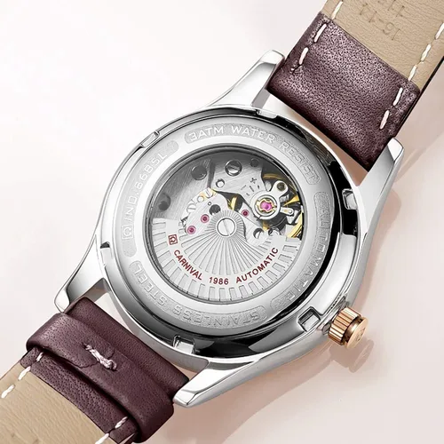 Vista 4 de Gosasa Reloj mecánico automático de lujo con diamantes de imitación para mujer, reloj impermeable con correa de cuero marrón, Banda marrón-plata