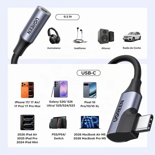 Vista 8 de UGREEN Adaptador de audio USB C en ángulo recto a conector auxiliar
