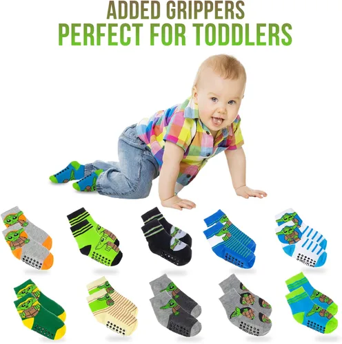 Vista 2 de Disney Baby Yoda - Calcetines para niños (10 unidades) y calcetines para niños pequeños con pinzas, calcetines antideslizantes para niños