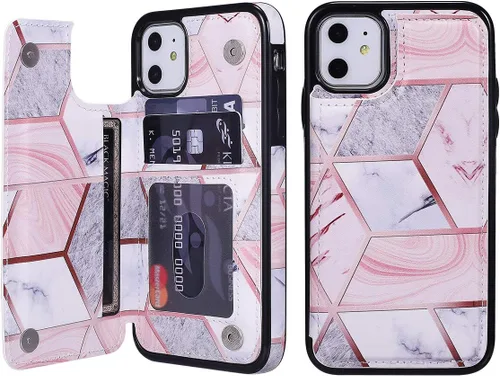 Vista 4 de UEEBAI Funda para iPhone 11 Pro Max, funda de piel sintética de lujo con [dos cierres magnéticos] [ranuras para tarjetas] función de soporte