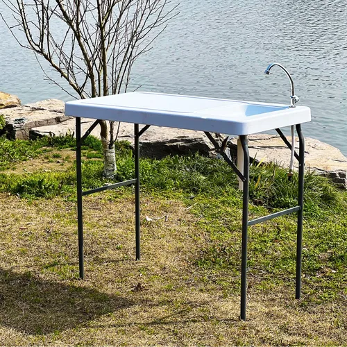 Vista 6 de Mesa plegable de grado comercial de 3.8 pies, mesa de limpieza con fregadero y grifo, plegable por la mitad moldeada por soplado, portátil