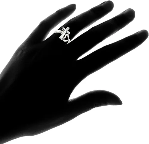 Vista 4 de Hoops & Loops Anillo de promesa de plata de ley pulida con corazón cruzado y lateral, Metal