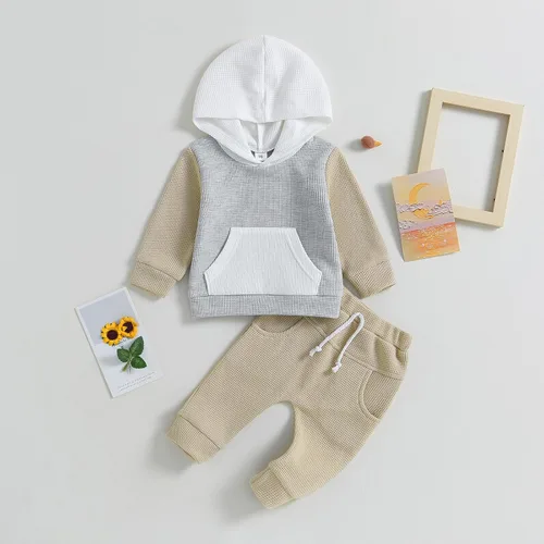 Vista 9 de Ropa para bebé niño pequeño, sudadera con capucha y bloques de color, 2 piezas, sudadera para otoño e invierno