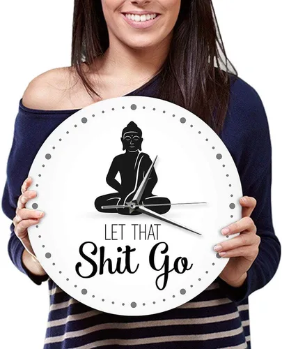Vista 8 de The Geeky Days Let That Shit Go - Reloj de pared con cita divertida de Buda, decoración zen, arte humorístico, silencioso, sin tictac, regalo