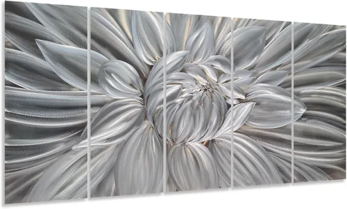 Vista 6 de Yihui Arts Arte de pared de flores de metal plateado, 5 piezas de arte de aluminio, escultura botánica contemporánea para sala de estar, dormitorio