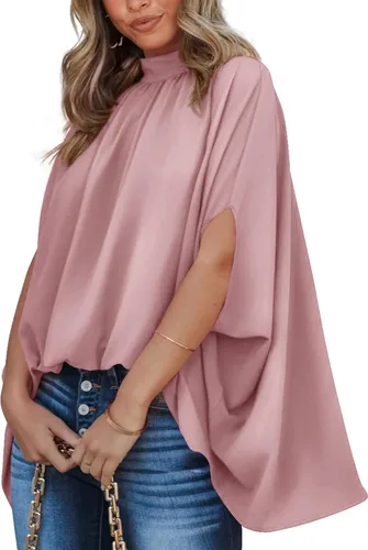 Vista 51 de BTFBM Blusas de verano para mujer, cuello alto falso, manga murciélago, holgadas, dobladillo alto y bajo, blusas informales de gran