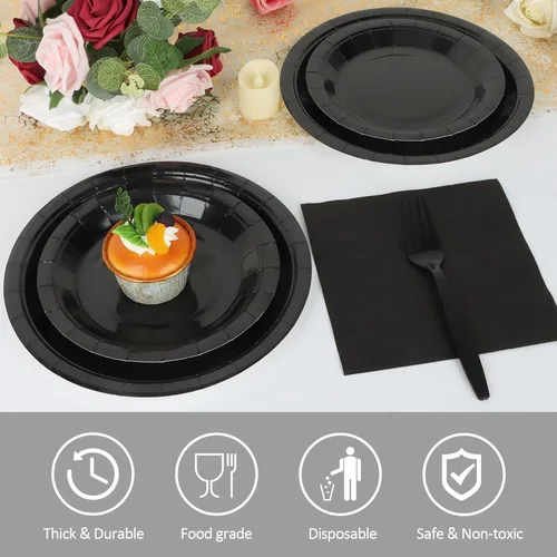 Vista 3 de Platos y servilletas de papel negro, platos desechables para fiestas, incluye platos de 7 y 9 pulgadas, tazas, servilletas, tenedores, suministros