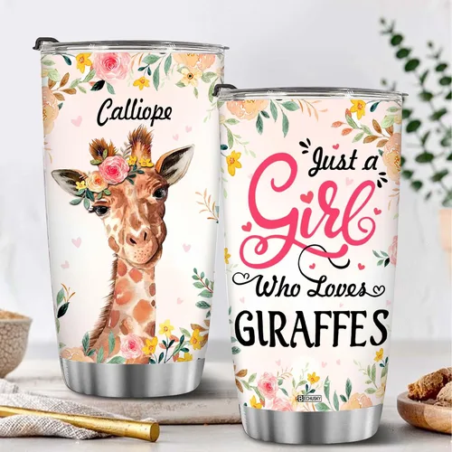 Vista 2 de BECHUSKY Vaso de acero inoxidable personalizado con aislamiento al vacío de flores de jirafa con tapa Just A Girl Who Loves Giraffes, taza de café