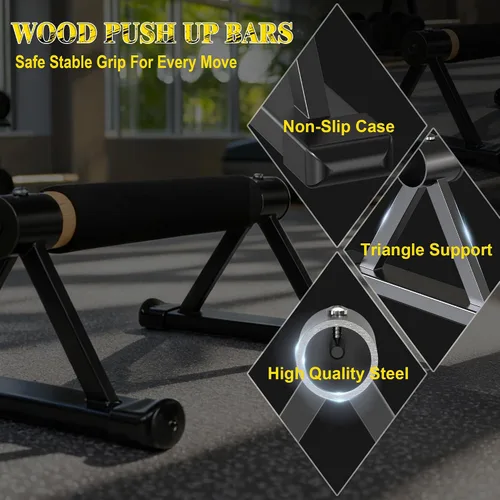 Vista 5 de Wooden Parallettes Push Up Bars, Solid Wood Parallel Bars with Anti-Slip Grip, Heavy Duty Metal Frame Supports 600 lbs, Stable Dip Bars for