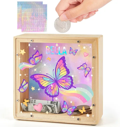 Vista 11 de Alcancía para niños, banco de monedas de madera para niños y niñas, dinosaurio unicornio alcancía con calcomanías de bricolaje para cumpleaños