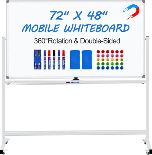 Vista 9 de Max-officoo Pizarra Blanca Grande de Borrado en Seco con Soporte Rodante 72"x48" Pizarra Blanca Magnética Móvil de Doble Cara sobre Ruedas, Incluye