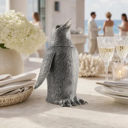 Vista 9 de Vagabond House Coctelera de pingüino de peltre, vajilla inspirada en el océano, 24 onzas, 9 pulgadas de alto