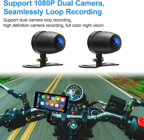Vista 9 de LBW Cámara de tablero DVR de alta calidad: Carplay inalámbrico para motocicleta y Android Auto, TPMS, 1080P HD Dash Cam frontal y trasera, pantalla