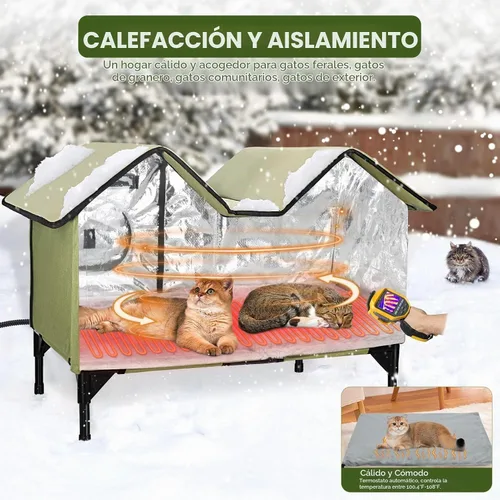 Vista 2 de Casa climatizada para gatos para exteriores, casa extragrande para gatos al aire libre, resistente a la intemperie con almohadilla térmica, puerta