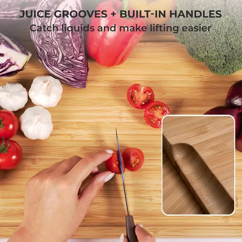 Vista 5 de Chef's Vision Juego de tablas de cortar de bambú (3 piezas) - Tablas de madera para cortar de cocina con ranura para jugo y asas, tamaños grandes