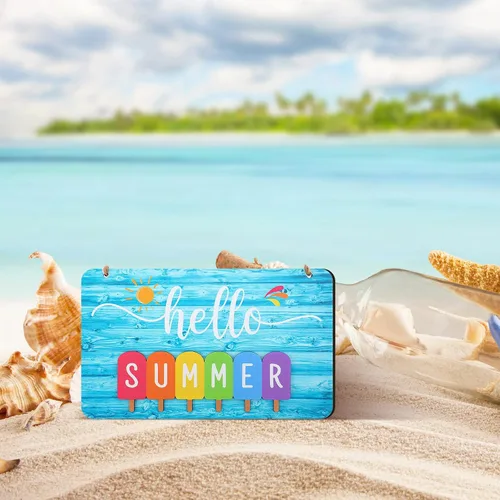 Vista 4 de Letrero de verano con texto en inglés «Hello Summer» para puerta delantera, decoración de bienvenida, letrero colgante para puerta de casa de campo