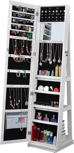 Vista 7 de CREATIVE HOBBIES Armario de joyería giratorio de 360, espejo LED de longitud completa para mujer, espejo independiente con almacenamiento de joyas