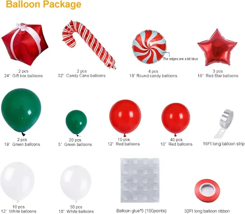 Vista 3 de Kit de arco de guirnalda de globos de Navidad con globos de caramelo verde, rojo y blanco, caja de regalo, globos de estrella roja para decoraciones