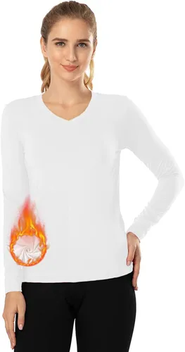 Vista 53 de MANCYFIT Tops térmicos para mujer, camisa con forro polar, manga larga, capa base, cuello en V