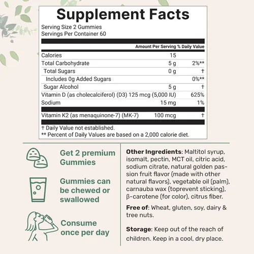 Vista 4 de Micro Ingredients Gomitas de vitamina D3 K2, 120 unidades 5,000 UI de vitamina D + 100 mcg K2 MK-7 Suplementos para la salud ósea, inmunitaria