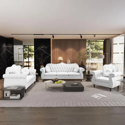 Vista 15 de AVZEAR Chesterfield - Juego de sofás seccional de 2 piezas para sala de estar, sofá tapizado en terciopelo moderno de mediados de siglo, sofá Blanco