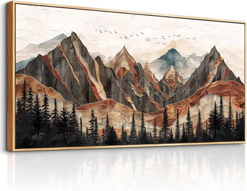Vista 2 de XIGUANGART Arte de pared enmarcado de montaña, decoración de pared de montañas horizontales largas, pintura de pared de naturaleza de pinos