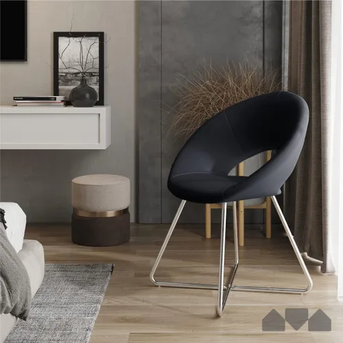 Vista 2 de Milliard Silla de cuero circular para sala de estar, cocina, oficina en casa y dormitorio, silla de comedor moderna con patas cromadas (negro)