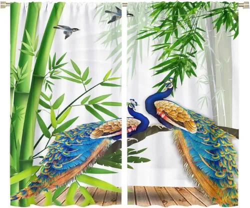 Vista 33 de Cortinas opacas de pavo real, hermoso patrón de estampado de flores de pavo real azul, estampado de mariposas y pavo real, juego de 2 paneles