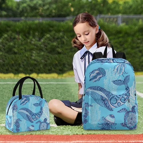 Vista 7 de Whale Jellyfishes - Mochila de tortuga con lonchera para niños y niños, juegos de mochila para niñas, Tortuga Medusas Ballena