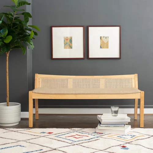 Vista 2 de Powell Kasi - Banco de caña de respaldo bajo natural con asiento tapizado beige