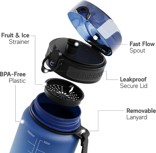 Vista 2 de Embrava Botella de agua deportiva - 32oz grande - Tapa de cierre rápido para beber rápidamente - Libre de BPA y BPS - A prueba de fugas, tapa