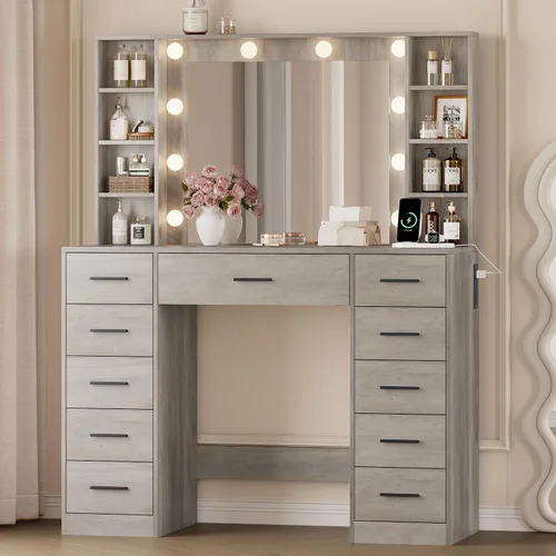 Vista 16 de Escritorio de maquillaje con espejo y luces, tocador negro de 43 pulgadas con parte superior de cristal, almacenamiento de joyas, 3 cajones