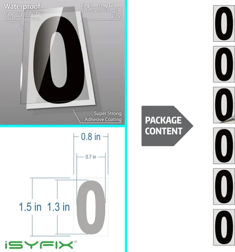 Vista 2 de iSYFIX Calcomanías de vinilo negro número 0 (Zero) – Paquete de 6 calcomanías de 1.5 pulgadas – Calcomanías de alta calidad, fondo reflectante