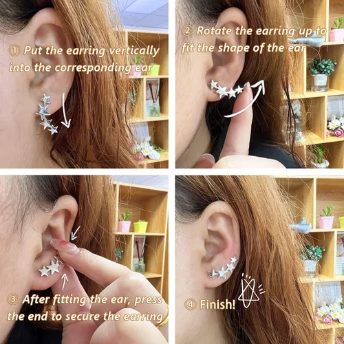 Vista 6 de Aretes de plata de ley con forma de estrella, hipoalergénicos, para mujeres y niñas, Plata Esterlina, no conocido
