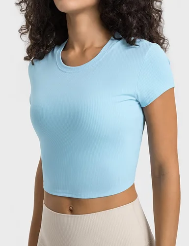 Vista 9 de ZHENWEI Camisetas de entrenamiento de manga corta para mujer, camisetas deportivas acanaladas con cuello redondo, camisetas atléticas para gimnasio