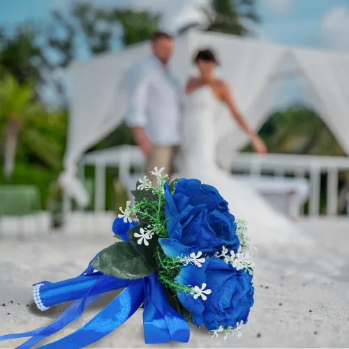 Vista 6 de Ramos de boda para novia, pequeña flor nupcial para dama de honor, rosa artificial azul