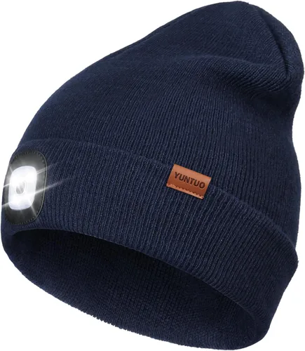 Vista 22 de Gorro LED con la luz, unisex, linterna frontal recargable por USB, gorro de punto de invierno, regalos para hombres, papá, esposo, él Azul Oscuro
