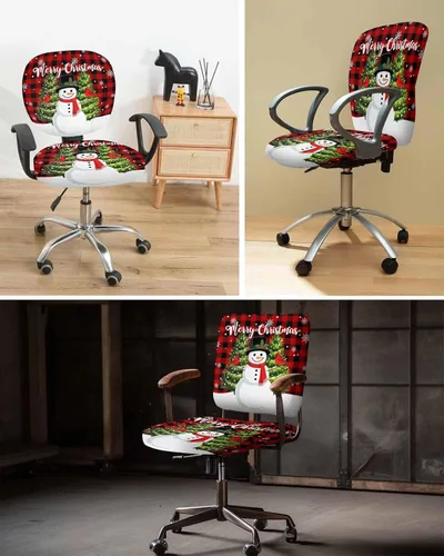 Vista 6 de Funda elástica para silla de oficina de muñeco de nieve de Navidad, funda de asiento para silla de computadora, funda para respaldo, cojín giratorio